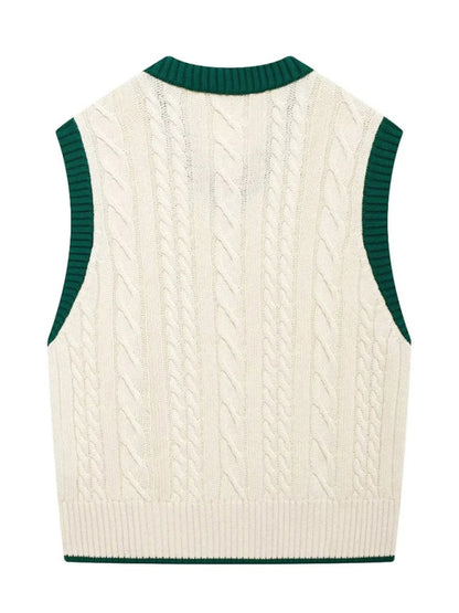 Vests - Contrast Trim Cable Knit Vest