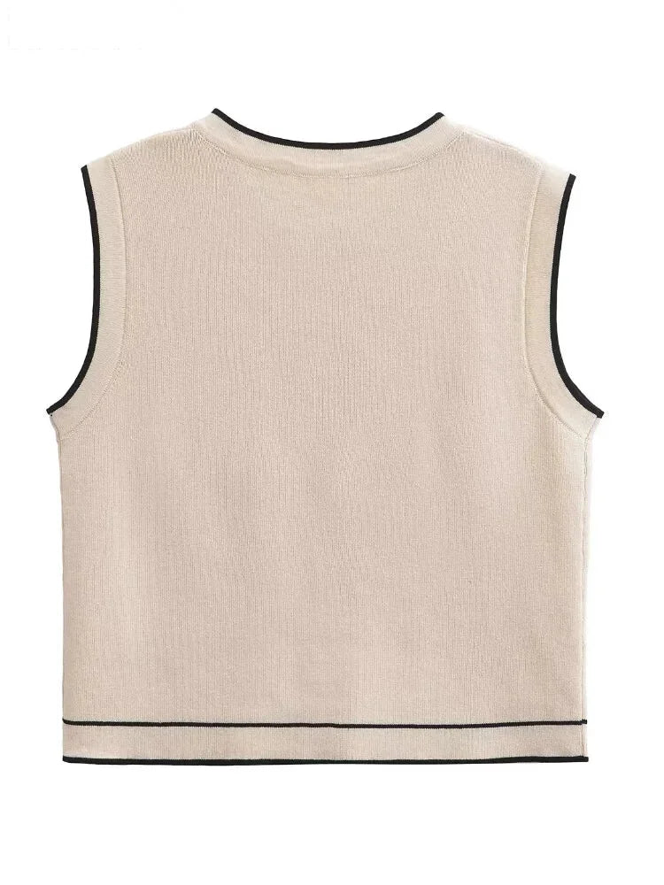 Vests - Dual-Tone Knit Vest Contrast Binding Crop Top