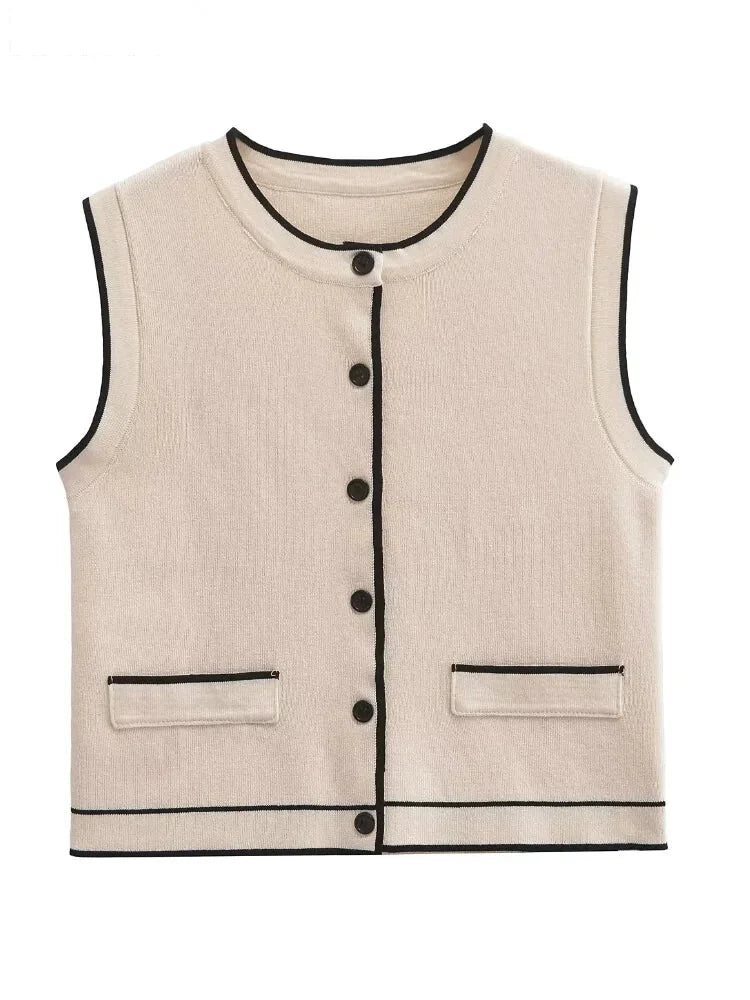 Vests - Dual-Tone Knit Vest Contrast Binding Crop Top