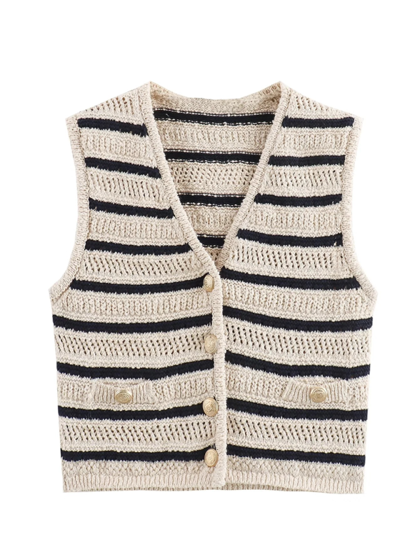 Vests Top- Women Striped Crochet Vest- - Pekosa Women Fashion