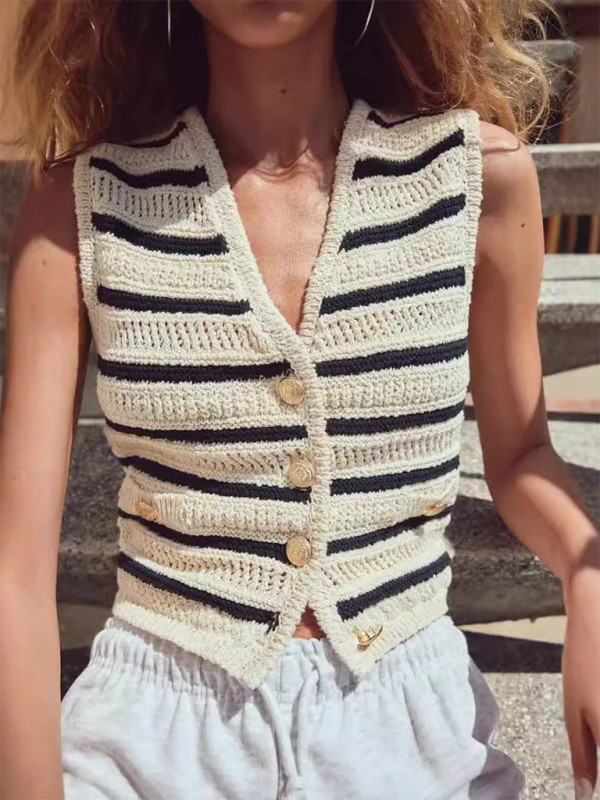 Vests Top- Women Striped Crochet Vest- Stripe- Pekosa Women Fashion