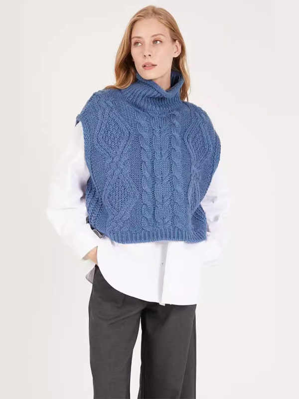 Vests - Turtleneck Cable-Knit Vest Sweater