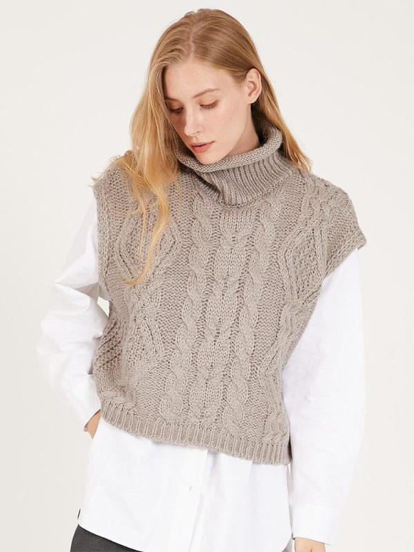 Vests - Turtleneck Cable-Knit Vest Sweater