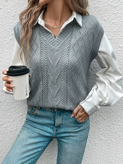 Vests- Women Academic Look Argyle Knit Vest Layering Piece- Misty grey- Pekosa Women Fashion