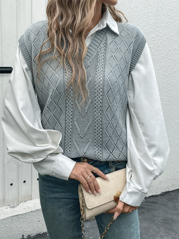 Vests- Women Academic Look Argyle Knit Vest Layering Piece- - Pekosa Women Fashion