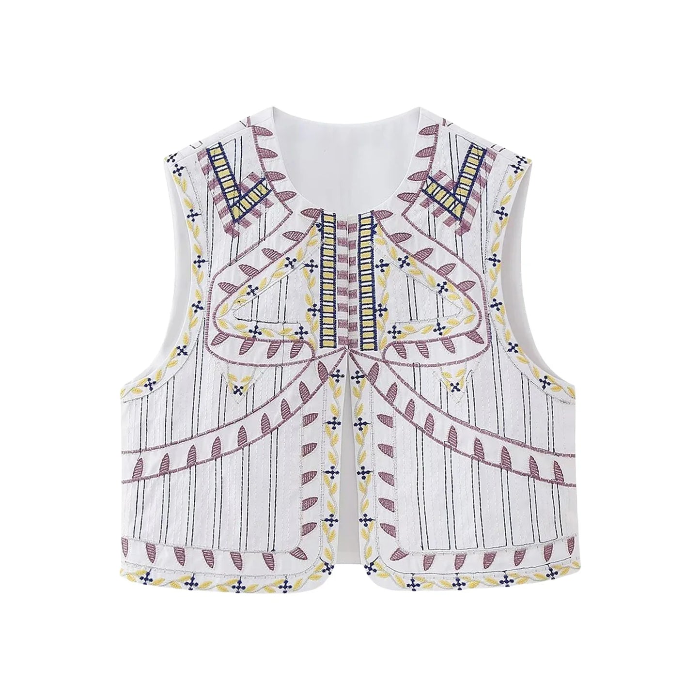 Vests- Women Boho Rhapsody Embroidered Vest Cropped Waistcoat- White- Pekosa Women Fashion