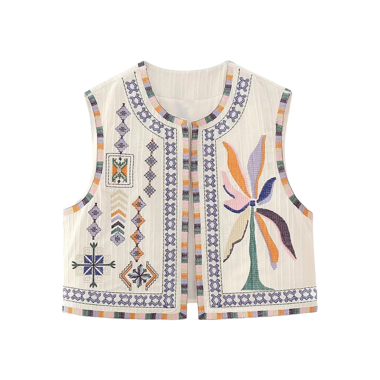 Vests- Women Boho Rhapsody Embroidered Vest Cropped Waistcoat- Beige- Pekosa Women Fashion