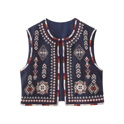 Vests- Women Boho Rhapsody Embroidered Vest Cropped Waistcoat- Navy Blue- Pekosa Women Fashion