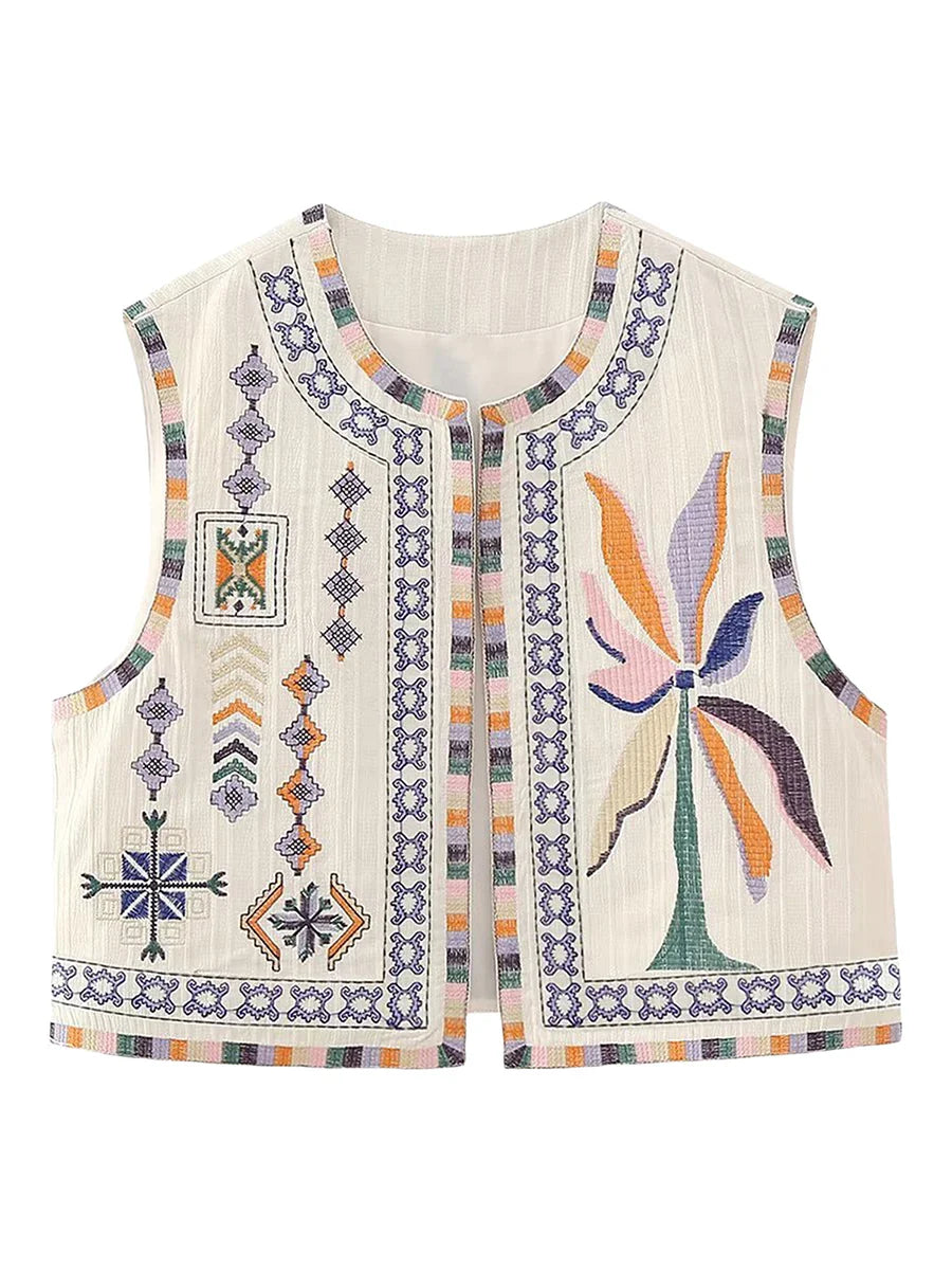 Vests- Women Boho Rhapsody Embroidered Vest Cropped Waistcoat- - Pekosa Women Fashion