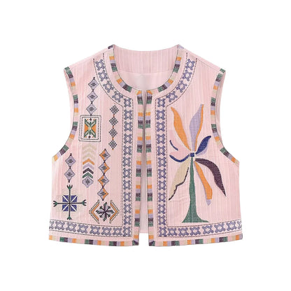 Vests- Women Boho Rhapsody Embroidered Vest Cropped Waistcoat- Pink- Pekosa Women Fashion