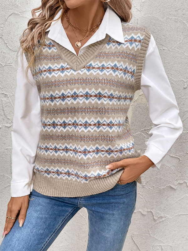 Vests- Women Business Layer Jacquard Knit Vest- - Pekosa Women Fashion