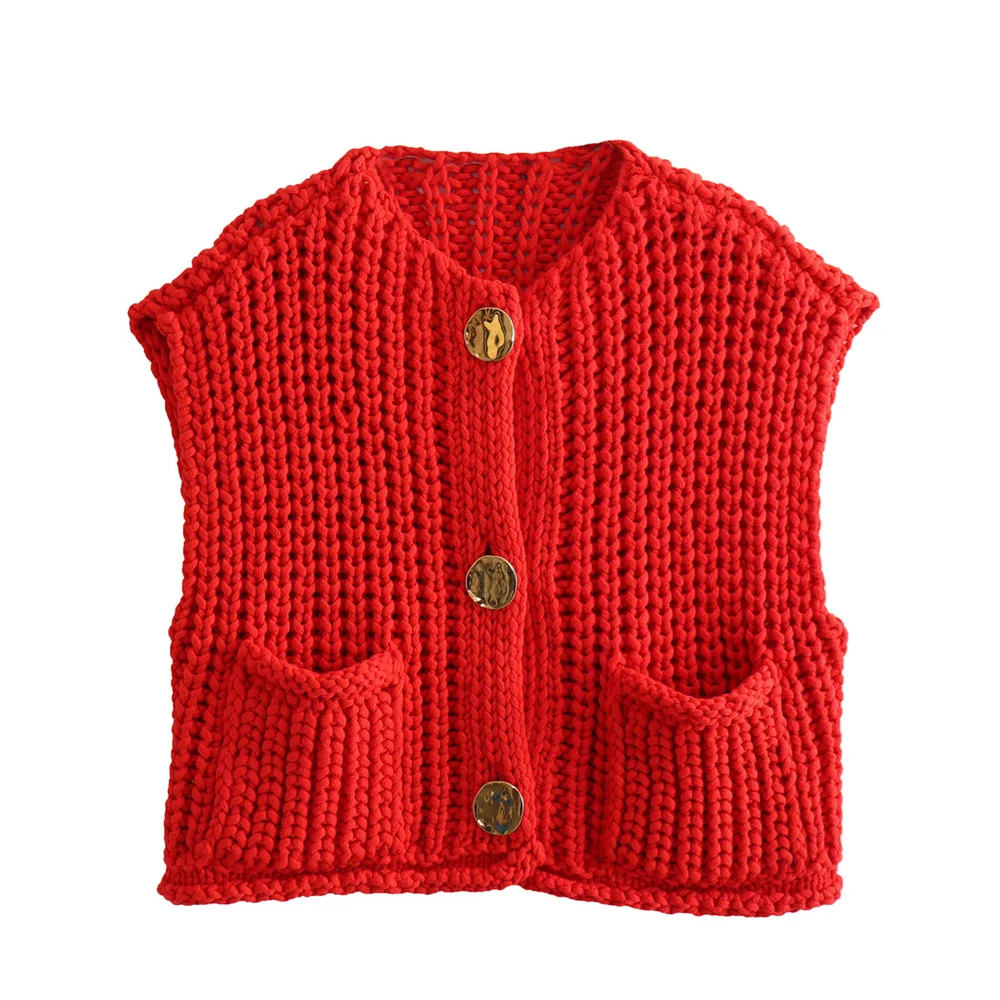 Vests- Women Button-Front Knit Vest - Your Transitional Layering Piece- Red- Pekosa Women Fashion