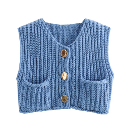 Vests- Women Button-Front Knit Vest - Your Transitional Layering Piece- Blue- Pekosa Women Fashion