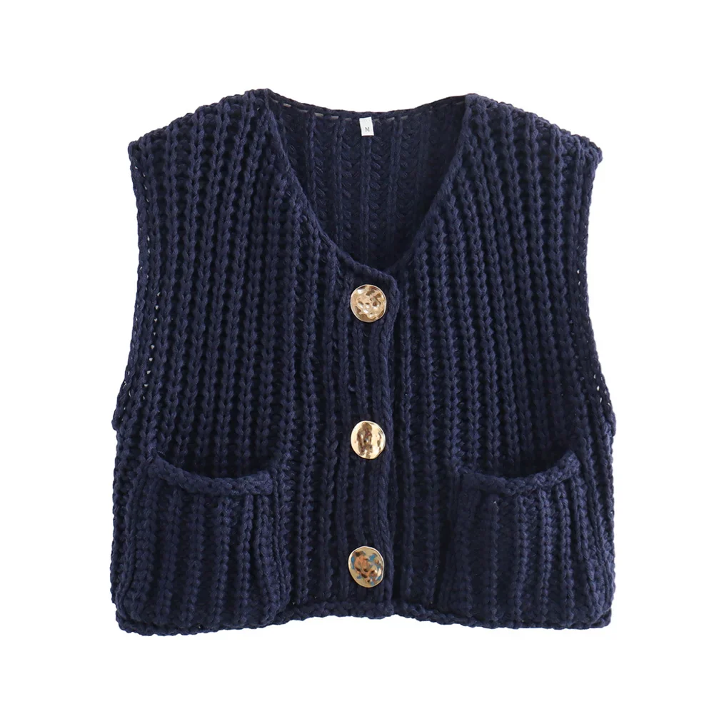 Vests- Women Button-Front Knit Vest - Your Transitional Layering Piece- Navy Blue- Pekosa Women Fashion