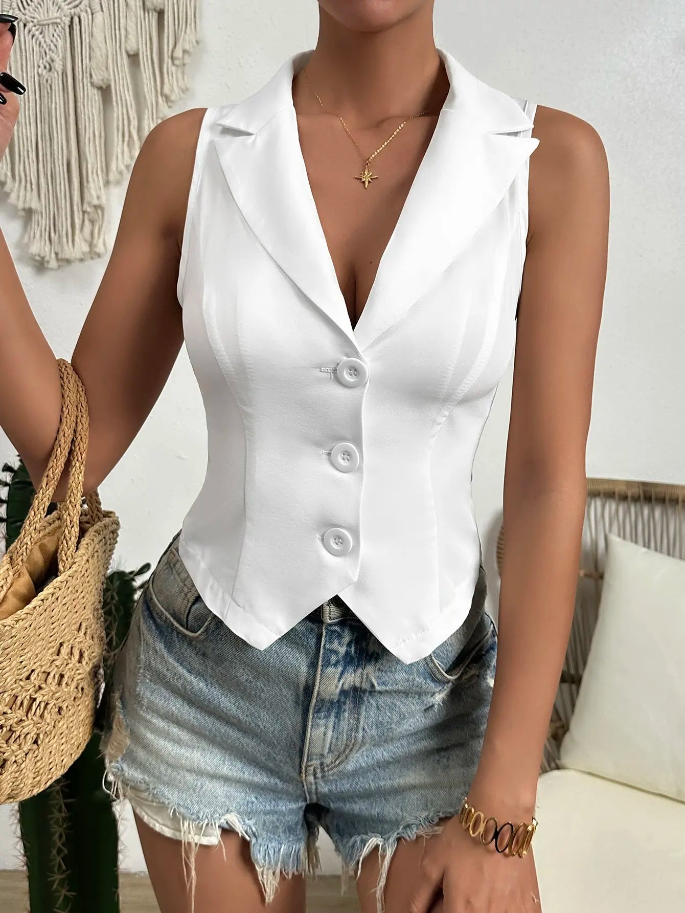 Vests- Women Tailored Single-Breasted Sleeveless Vest- White- Chuzko Women Clothing