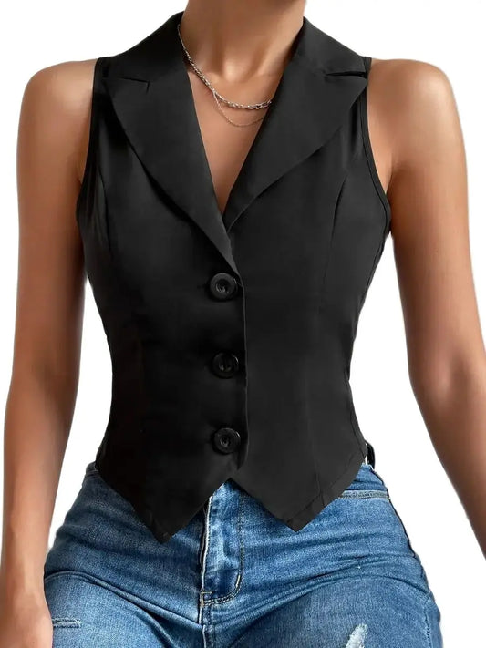 Vests- Women Tailored Single-Breasted Sleeveless Vest- Black- Chuzko Women Clothing