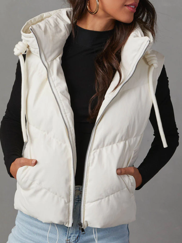 Vests- Women’s Cozy Down Zip-Up Hooded Vest for Fall & Winter- White- Pekosa Women Fashion