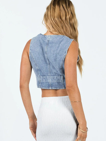 Ärmelloses Crop-Top zum Zuknöpfen für Damen – verwaschenes Denim-Top