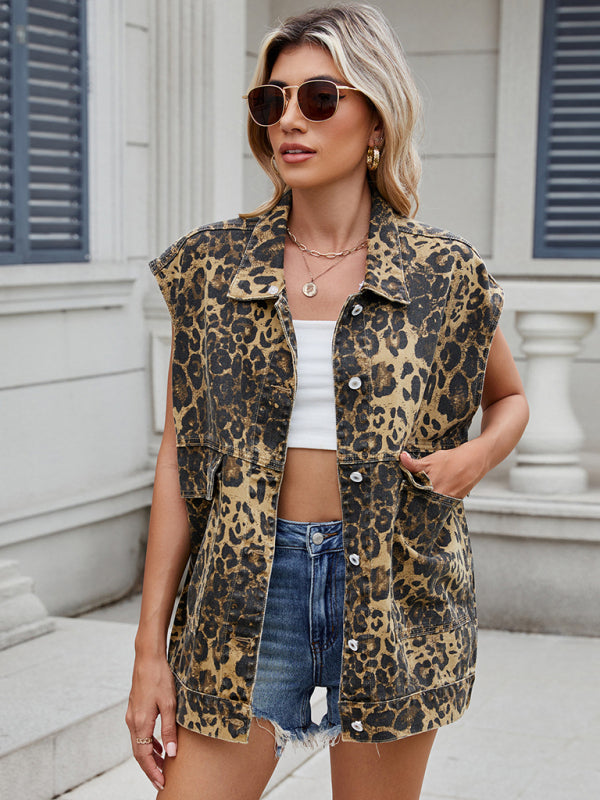 Waistcoat - Leopard Print Oversized Denim Vest Waistcoat