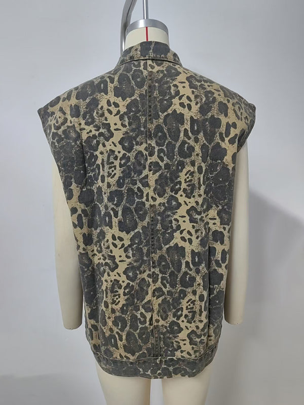 Waistcoat - Leopard Print Oversized Denim Vest Waistcoat