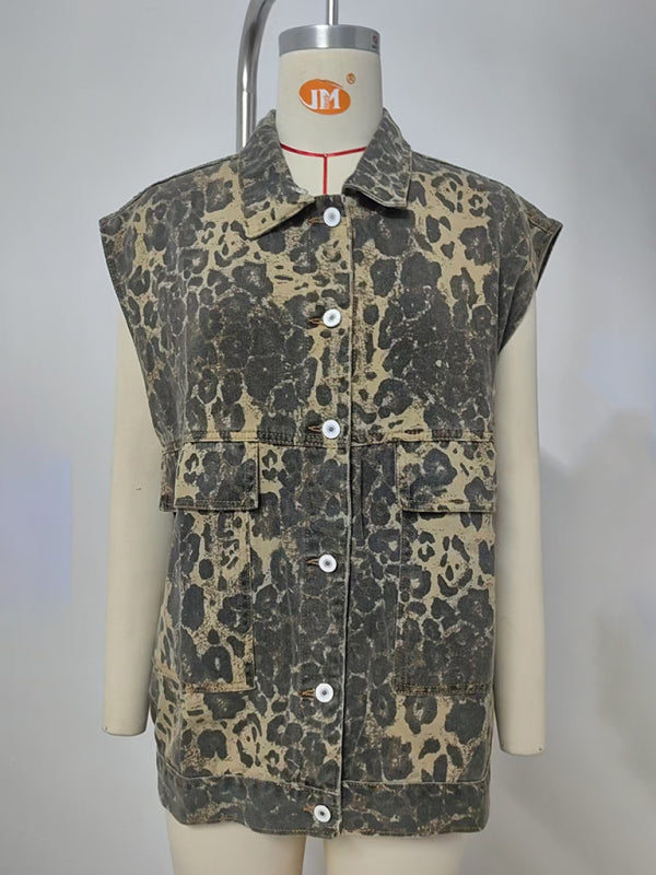 Waistcoat - Leopard Print Oversized Denim Vest Waistcoat