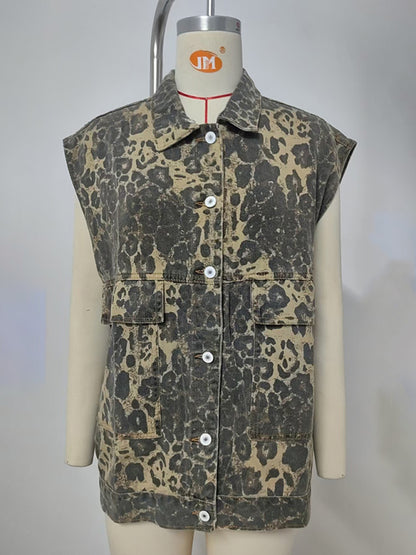 Waistcoat - Leopard Print Oversized Denim Vest Waistcoat