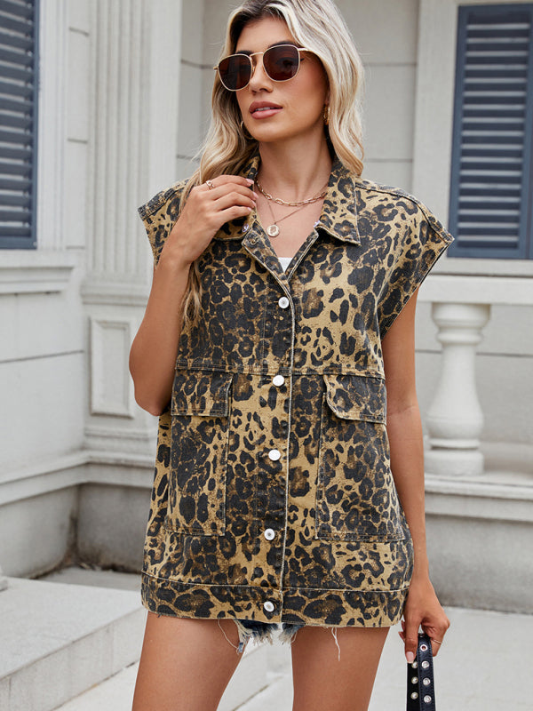 Waistcoat - Leopard Print Oversized Denim Vest Waistcoat