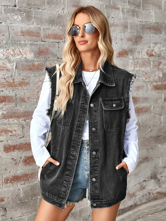 Waistcoats - Casual Denim Vest for Women with Shirt Collar