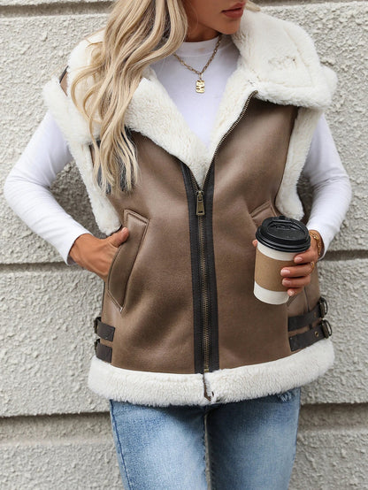 Gilet en simili cuir doublé de peau de mouton - Gilet automne/hiver pour femme