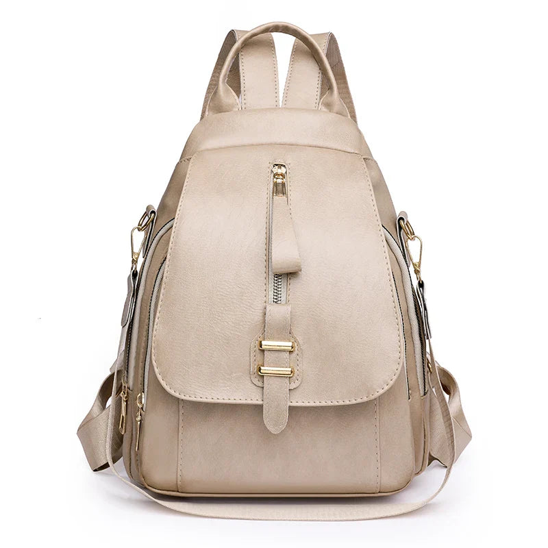 - Waterproof PU Leather Backpack for Daily Use- Khaki- Pekosa Women Fashion