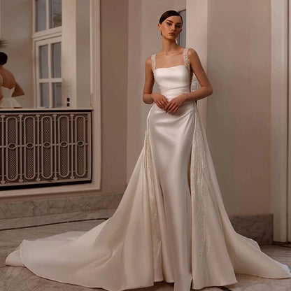 Wedding Dresses - Cathedral Satin Wedding Dress Mermaid Bridal Gown with Detachable Train