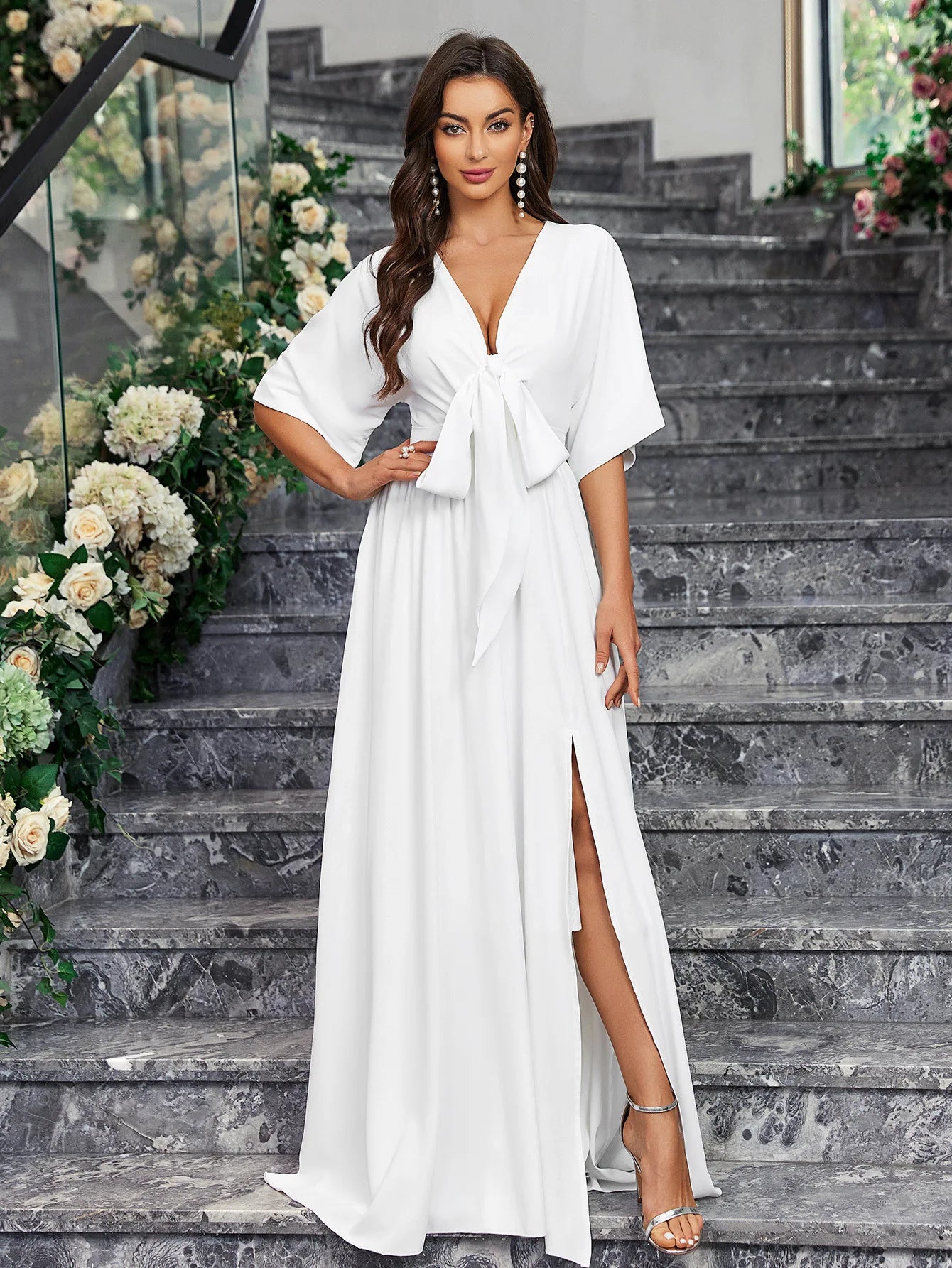 Wedding Dresses - Elegant Brides Satin Slit Gown for Weddings