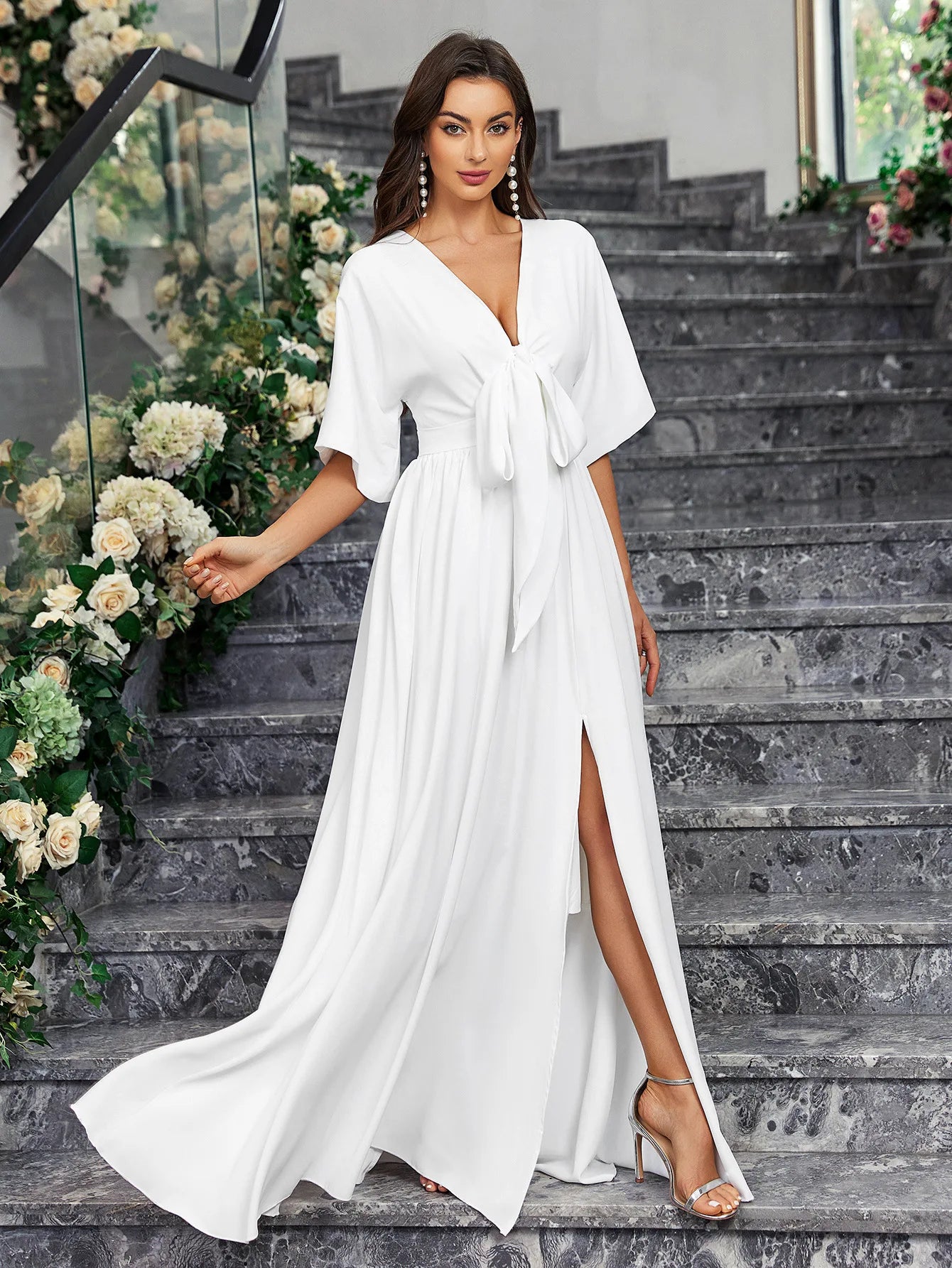 Wedding Dresses - Elegant Brides Satin Slit Gown for Weddings