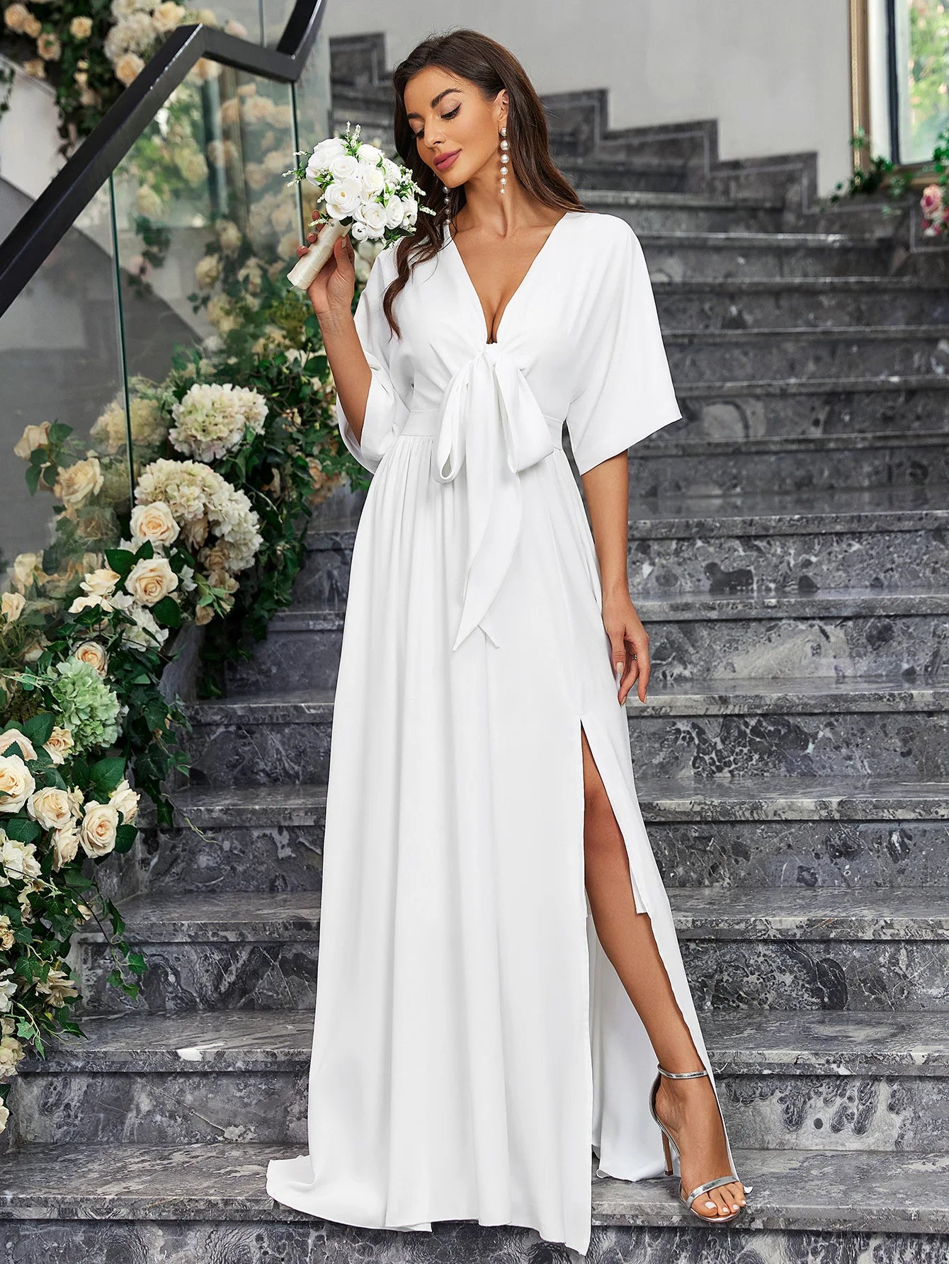 Wedding Dresses - Elegant Brides Satin Slit Gown for Weddings