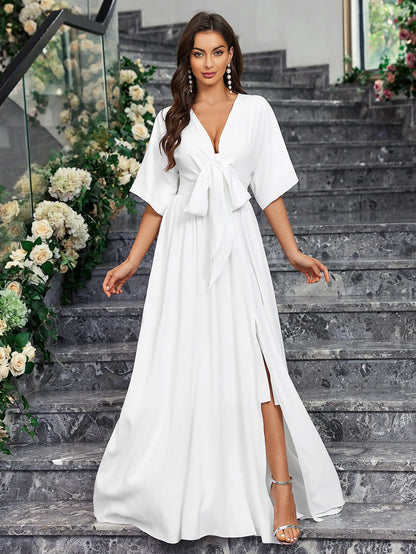 Wedding Dresses - Elegant Brides Satin Slit Gown for Weddings