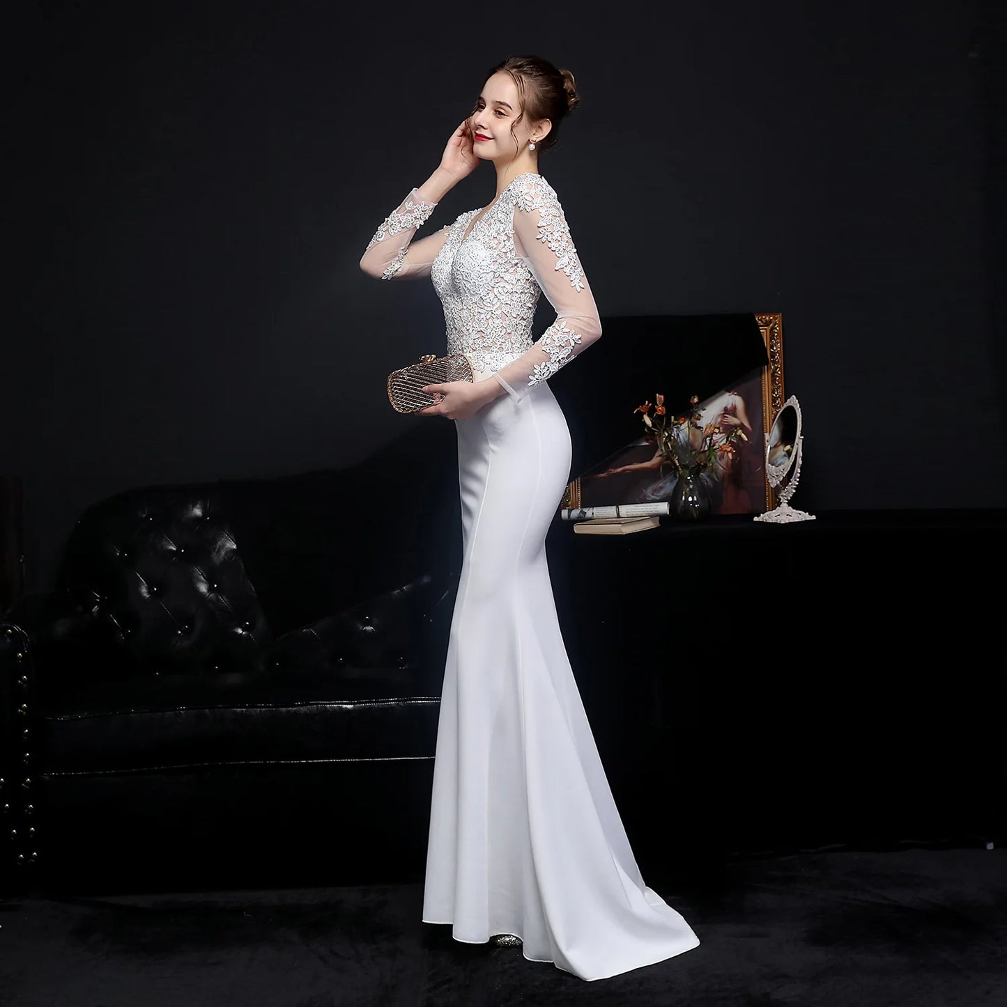 Wedding Dresses - Elegant Long Sleeve Satin Dress Mermaid Gown for Winter Weddings