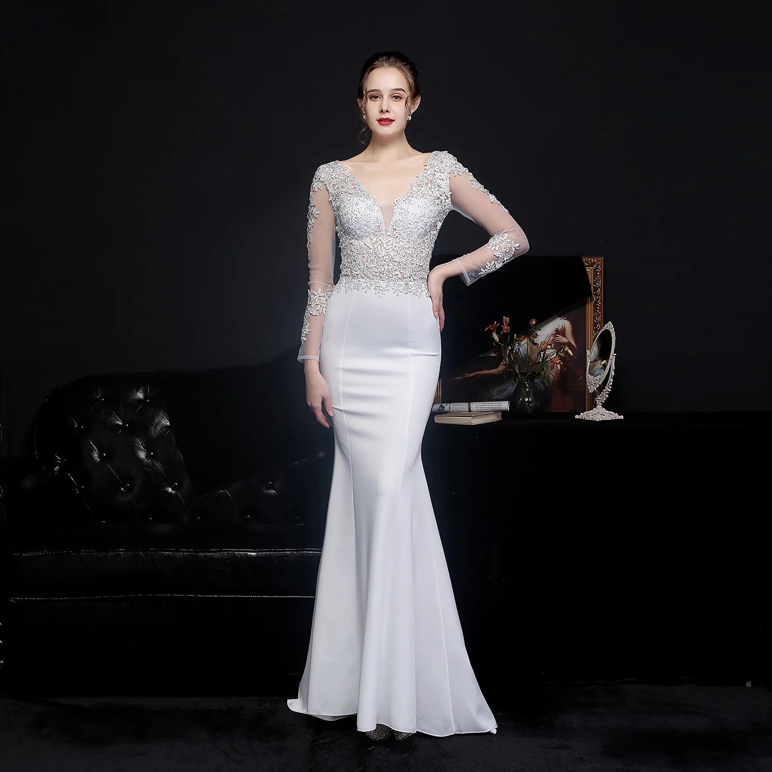 Wedding Dresses - Elegant Long Sleeve Satin Dress Mermaid Gown for Winter Weddings