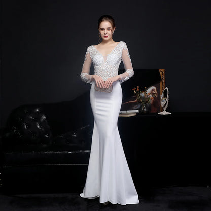 Wedding Dresses - Elegant Long Sleeve Satin Dress Mermaid Gown for Winter Weddings