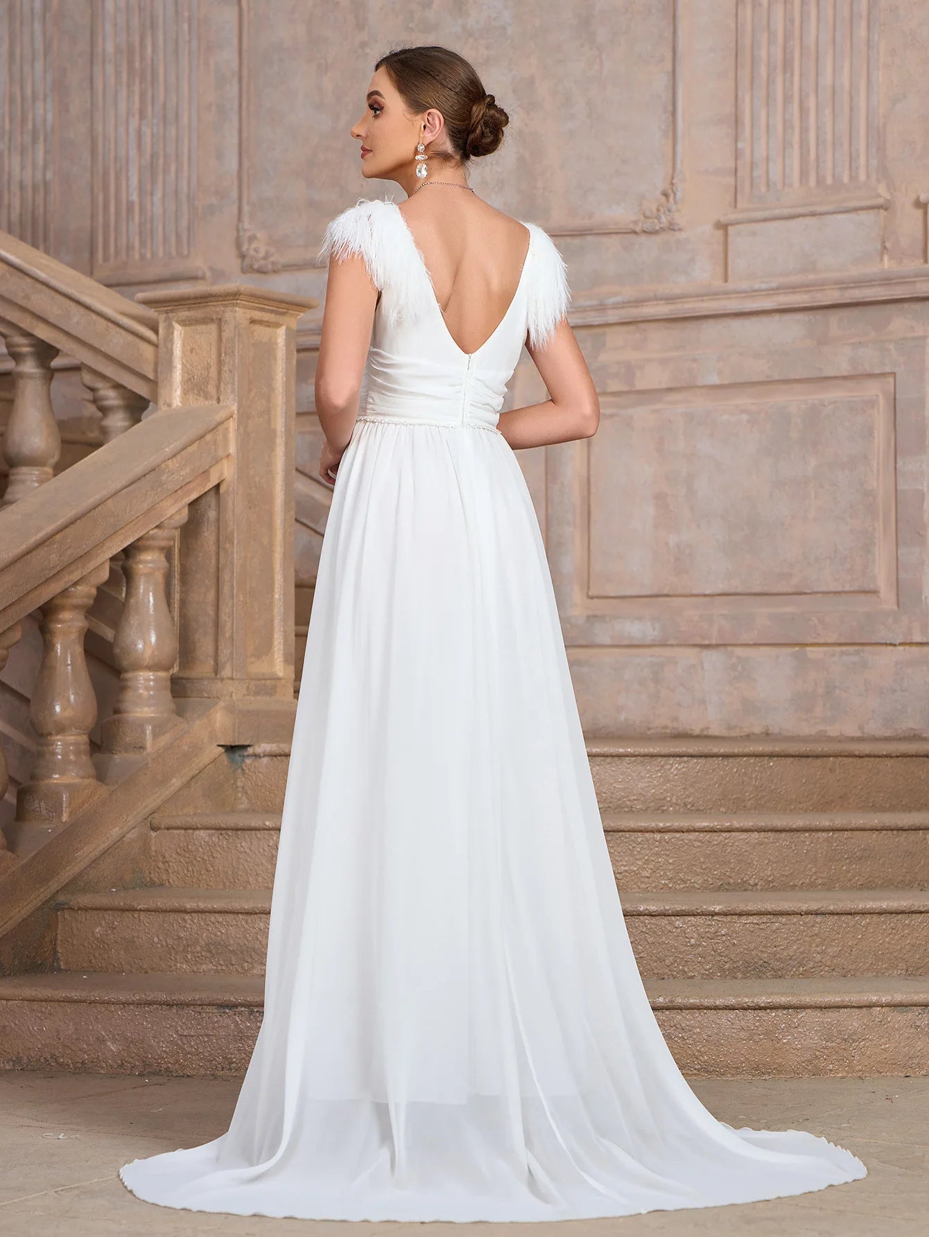 Wedding Dresses - Formal Wedding Dress Feather-Trim V-Neck Bridal Gown