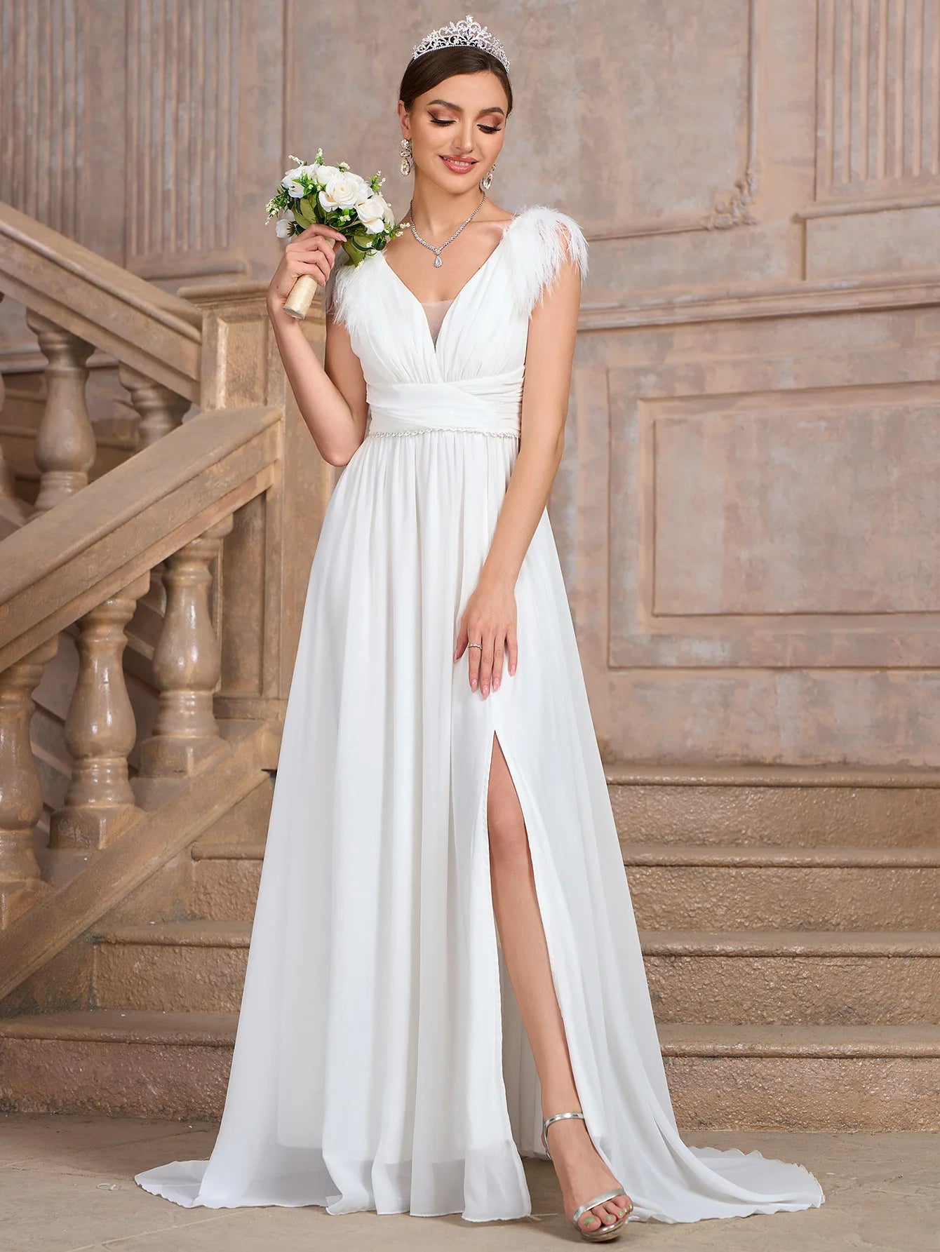 Wedding Dresses - Formal Wedding Dress Feather-Trim V-Neck Bridal Gown