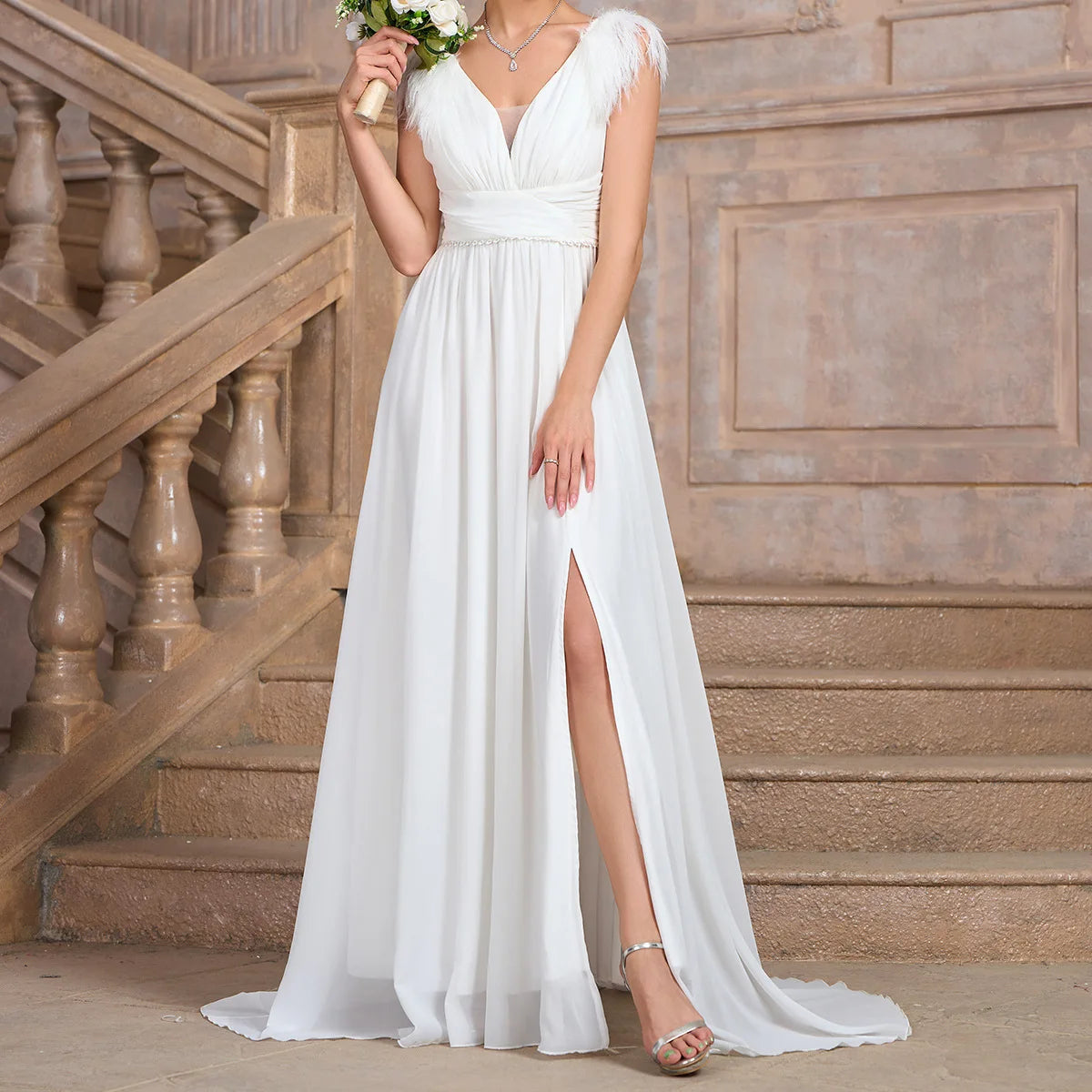 Wedding Dresses - Formal Wedding Dress Feather-Trim V-Neck Bridal Gown