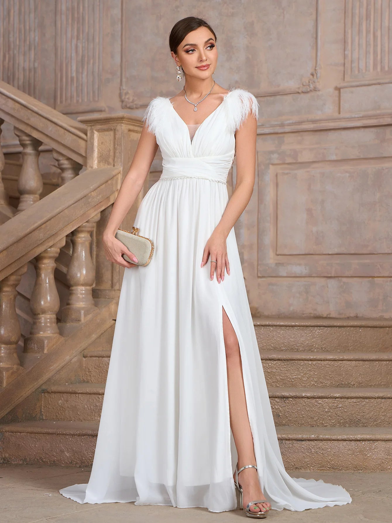 Wedding Dresses - Formal Wedding Dress Feather-Trim V-Neck Bridal Gown