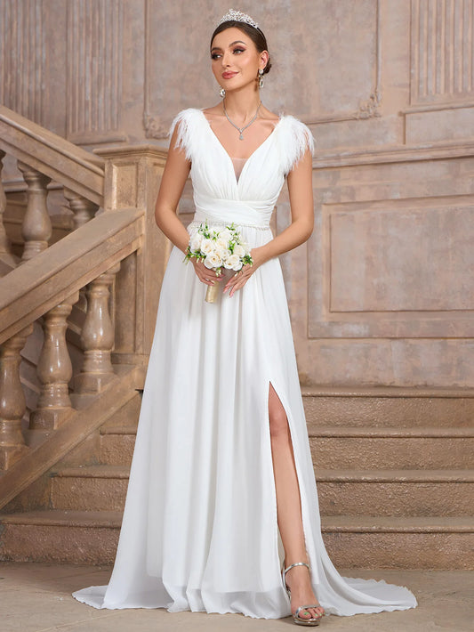 Wedding Dresses - Formal Wedding Dress Feather-Trim V-Neck Bridal Gown