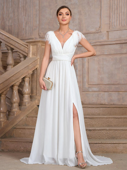 Wedding Dresses - Formal Wedding Dress Feather-Trim V-Neck Bridal Gown