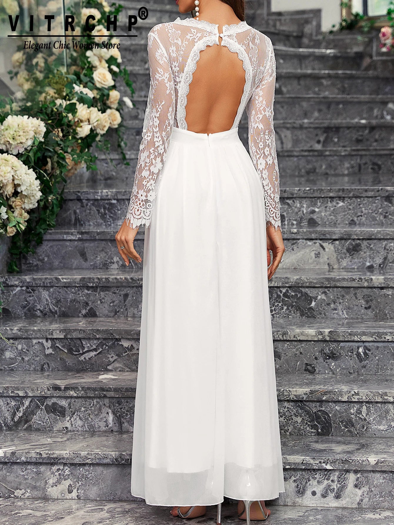 Wedding Dresses - Lace Sleeve Backless Wedding Gown Formal Bridal Dress