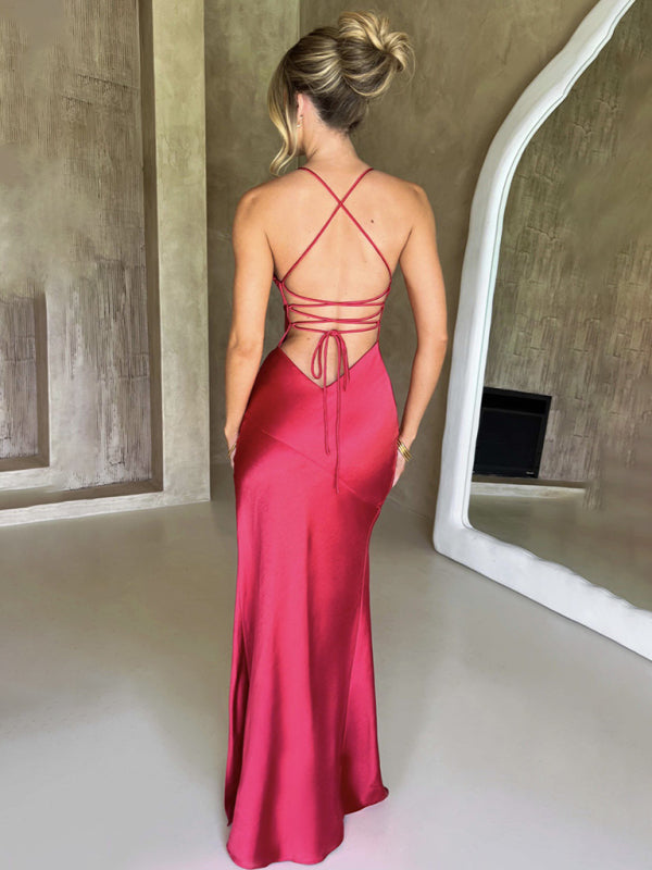 Wedding Dresses- Silk Satin Backless High Slit Evening Dress for Unforgettable Nights- - Chuzko Women Clothing