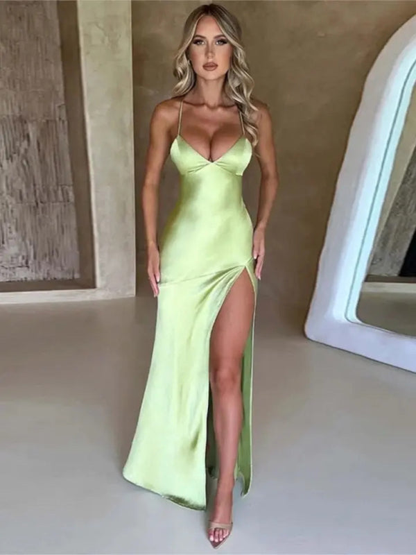 Wedding Dresses- Silk Satin Backless High Slit Evening Dress for Unforgettable Nights- Fruit green- Chuzko Women Clothing