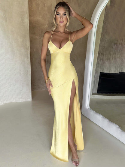 Wedding Dresses- Silk Satin Backless High Slit Evening Dress for Unforgettable Nights- Yellow- Chuzko Women Clothing