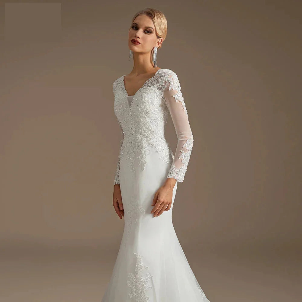 Wedding Dresses - Wedding Dress Mermaid Court Train Bridal Gown with Long Sleeve