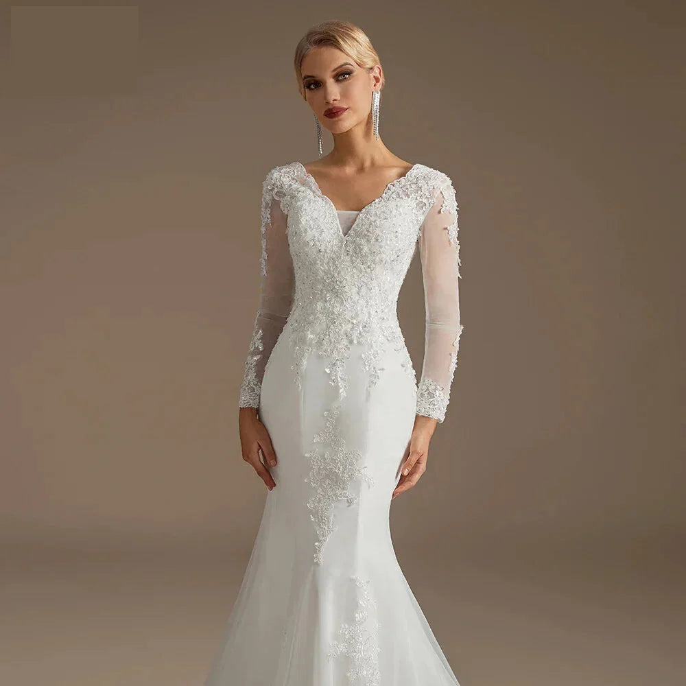 Wedding Dresses - Wedding Dress Mermaid Court Train Bridal Gown with Long Sleeve